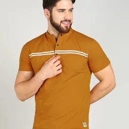 alan jones Men Striped Mandarin Collar Cotton Blend Brown T-Shirt-picture-15