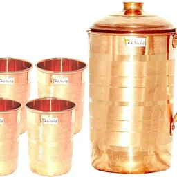 prisha india craft Pure Copper Jug Pitcher with Lid Luxury Design Capacity 1300 ML with 4 Pure Copper Glass Tumbler Capacity 300 ML Drinkware Set Jug Glass Set-picture-26
