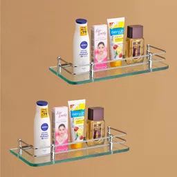 Transparent Glass Shelf for Bathroom (Pack of 2) /Wall Mounted Shelf with Bracket/Storage Shelf/Kitchen Rack/Bathroom Accessories (9 X 6 inch) Glass, Steel Wall Shelf-image-51
