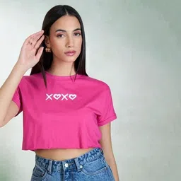 Women Printed Round Neck Cotton Blend Pink T-Shirt-image-3
