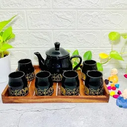laxmi creation Pack of 7 Ceramic black shine Tea set with kettle ( pack of 6 cup and 1 kettle)-picture-24