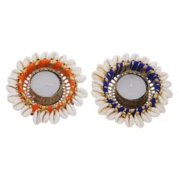 ecraftindia Orange & Blue Cowrie Shell (Set of 2) Decorative Metal Tea Light Holders image 3