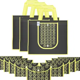 homestic Pack of 12 Smile Print Foldable Grocery/Shopping Bags For Women | Black & Yellow Pack of 12 Grocery Bags-picture-25