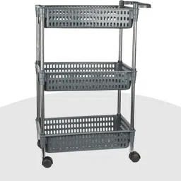 kuber industries Multipurpose 3-Shelf Storage Revolving Trolley Rack with Wheels|Gray Plastic Kitchen Trolley image 5