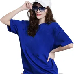 leotude Women Solid Round Neck Cotton Blend Blue T-Shirt-picture-34