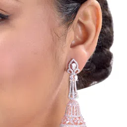 Saraf RS Jewellery White & Rose Gold-Plated American Diamond Contemporary Drop Earrings image 5