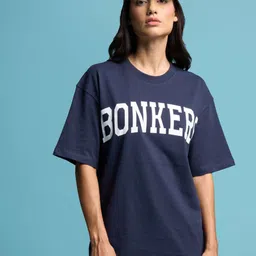 Bonkers Corner Navy Blue Typography Printed Drop-Shoulder Sleeves Cotton Oversized T-shirt-picture-35