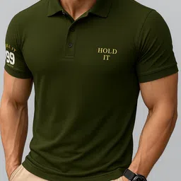 houseofcommon Men Solid Polo Neck Cotton Blend Dark Green T-Shirt-picture-10