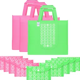 homestic Pack of 12 Smile Foldable Grocery/Shopping Bags For Women | Pink & Green Pack of 12 Grocery Bags-picture-19