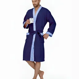 RANGOLI Navy Blue 420 GSM Pure Cotton Bathrobe With Matching Slippers image 5