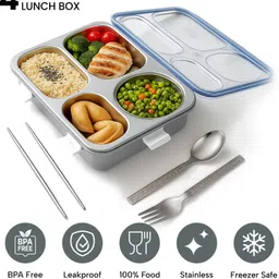 jiveex 4 Compartment Steel Lunch Box|LeakProof with Lid, Chopsticks, Bowl, Spoon & Fork 4 Containers Lunch Box image 4