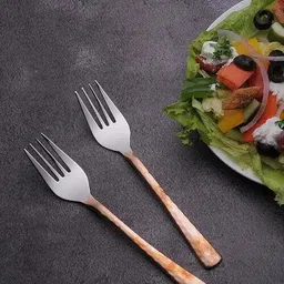 ptal nagri Pieces Stainless Steel & Copper Haimered Forks Set, 18 cm Long, Premium Forks Copper, Steel Dinner Fork Set image 2