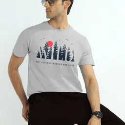 nobero Men Typography Crew Neck Pure Cotton Grey T-Shirt image 5