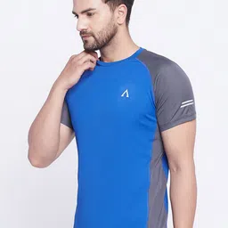 AUSTIEX Men Blue & Grey Colourblocked Raglan Sleeves Slim Fit Running T-shirt image 4