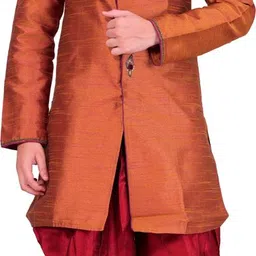 Pooja Ethnic Pooja Ethnic Men's Orange Silk Indo Western with Dhoti PE9112 Solid Sherwani-picture-39