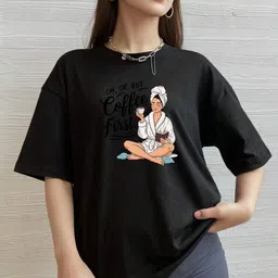 hivewear Women Printed Round Neck Cotton Blend Black T-Shirt-picture-29