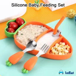 funblast Carrot Design Suction Plate with Spoon, Fork and Sipper for Kids - Silicone image 3