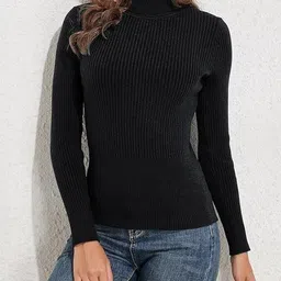 mahifashioan Women Striped High Neck Cotton Blend Black T-Shirt-picture-18