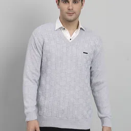 ewools Men Self Design V Neck Grey Sweater-picture-14