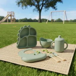 isupta Bone China 6-Piece Silicone Baby Feeding Set with Suction Base and Wooden Handles Dinner Set image 5