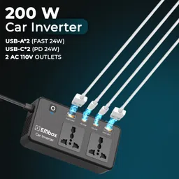 embox 200W Car Power Inverter - 2 AC , 2 USB (6.2A Max) & 2 C-Type (1 * 27WPD) - Black Car Inverter image 2