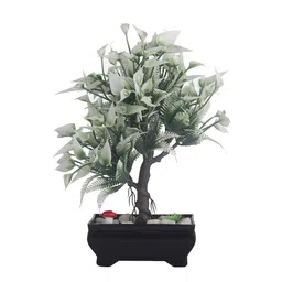 Green Plastic And Polyester Blend 3 Branched Large Greenish White Leaves And Flowers Bonsai Tree With Pot By Foliyaj image 3