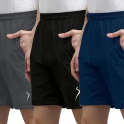 Pack of 3 Solid Men Black, Dark Grey, Dark Blue Sports Shorts, Gym Shorts, Regular Shorts, Running Shorts, Basic Shorts, Baggy Shorts-image-0