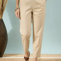 Women Regular Fit Beige Pure Cotton Trousers-image-82