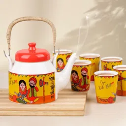 edencart Pack of 7 Ceramic Traditional Punjabi Jitthe Tea Utthe Me Tea Set with Kettle|Tea Glasses Set of 6 image 2
