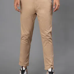 Men Relaxed Khaki Cotton Blend Trousers-image-6