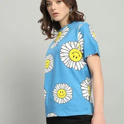 the dry state Women Printed Round Neck Pure Cotton White, Light Blue, Yellow T-Shirt image 3