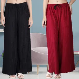 irha Pack of 2 Women Regular Fit Black, Maroon Viscose Rayon Trousers-picture-15