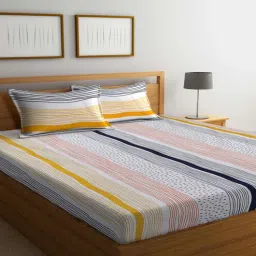 fabinaliv White Striped 300 TC Cotton Blend Double King Size Bedsheet with 2 Pillow Covers-picture-27