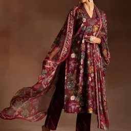 Libas Burgundy Floral Printed V-Neck Calf Length Straight Kurta With Trousers & Dupatta image 3