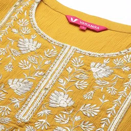 Varanga Women Mustard Yellow Floral Embroidered Zardozi Kurta with Trousers & With Dupatta image 2