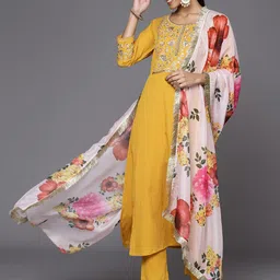 Varanga Women Mustard Yellow Floral Embroidered Zardozi Kurta with Trousers & With Dupatta image 5