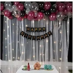 crafty villa Maroon Black and White Birthday Decoration kit with White Net Curtain and Light-picture-12