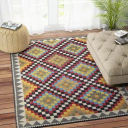 imperial knots Multicolor Wool Abstract 96 x 60 Inches Hand Woven Dhurrie image 1