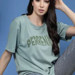 rigo Women Printed, Typography Round Neck Pure Cotton Green T-Shirt-picture-15