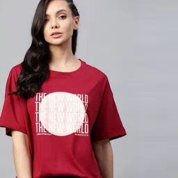 roadster Women Printed Round Neck Pure Cotton Red T-Shirt-picture-11