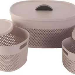 sukhson india Plastic Plastic Set of 3 for Multipurpose Storage Basket for Kitchen with Lid Beige Storage Basket image 1