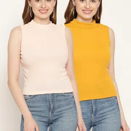 Miaz Lifestyle Women Mustard Yellow & Off White Pack of 2 Organic Cotton Tops image 1