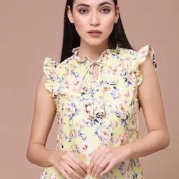 Oomph! Floral Printed Tie-Up Neck Flutter Sleeves Regular Top image 1