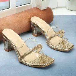 DressBerry Gold-Toned Textured Embellished Open Toe Block Heels-picture-24
