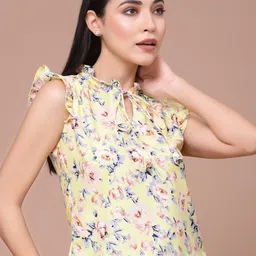Oomph! Floral Printed Tie-Up Neck Flutter Sleeves Regular Top image 3