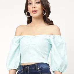 ELLE Sea Green Off-Shoulder Bardot Crop Top image 3