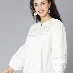 Oxolloxo White Self Designed Embroidered Cuffed Sleeves Blouson Top image 4