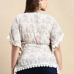 SHOWOFF Plus Floral Printed Extended Sleeves Lace Inserts Kaftan Top image 4