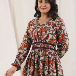 Rain & Rainbow Floral Printed V-Neck Long Sleeves Peplum Top image 4
