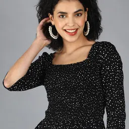 DEBONATELLA Printed Puff Sleeves Smocked Bardot Top image 4